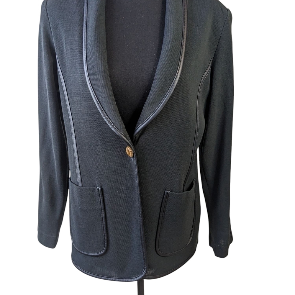 Exclusively Misook Women's Dark Grey Knit Blazer With Vegan Leather Trim.